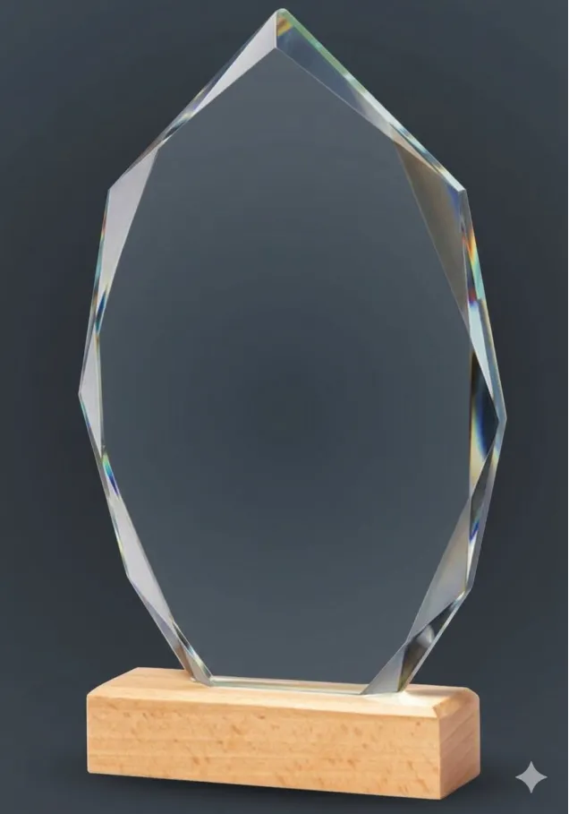 Trophäe aus Glas und Holz auf der Basis