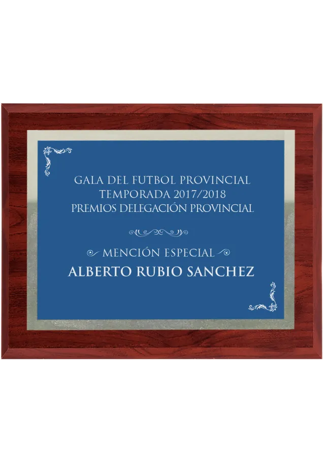 Gedenktafel aus Holz mit blauem und silbernem Rand