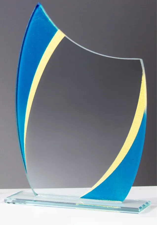 Trophäe aus blauem und gelbem Glas