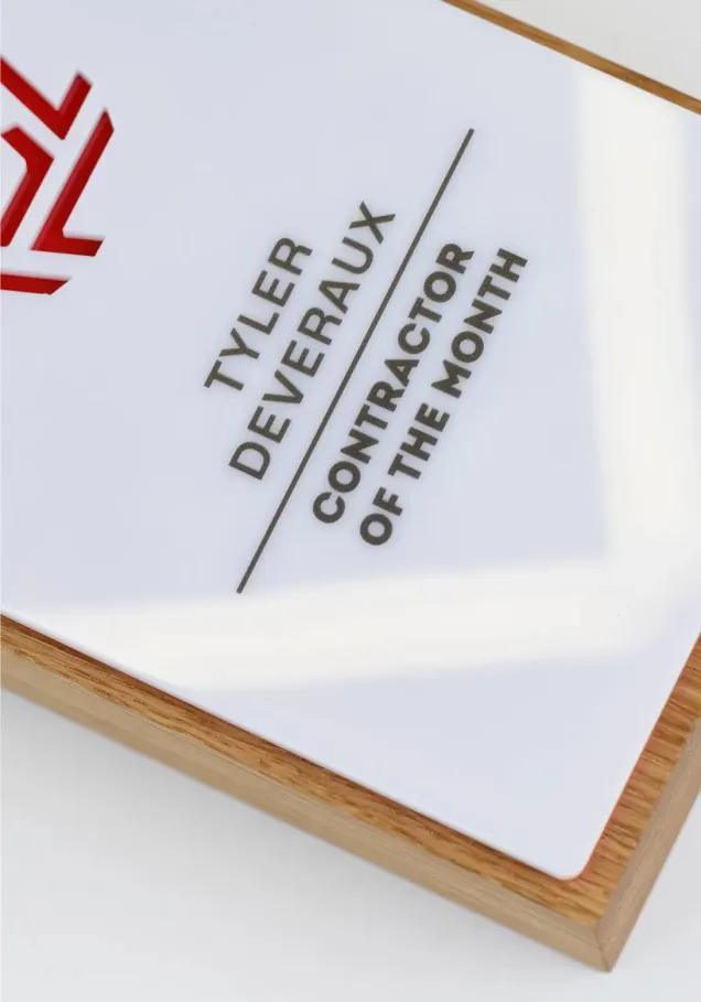 Trophäe aus Holz und durchbrochenem Acryl