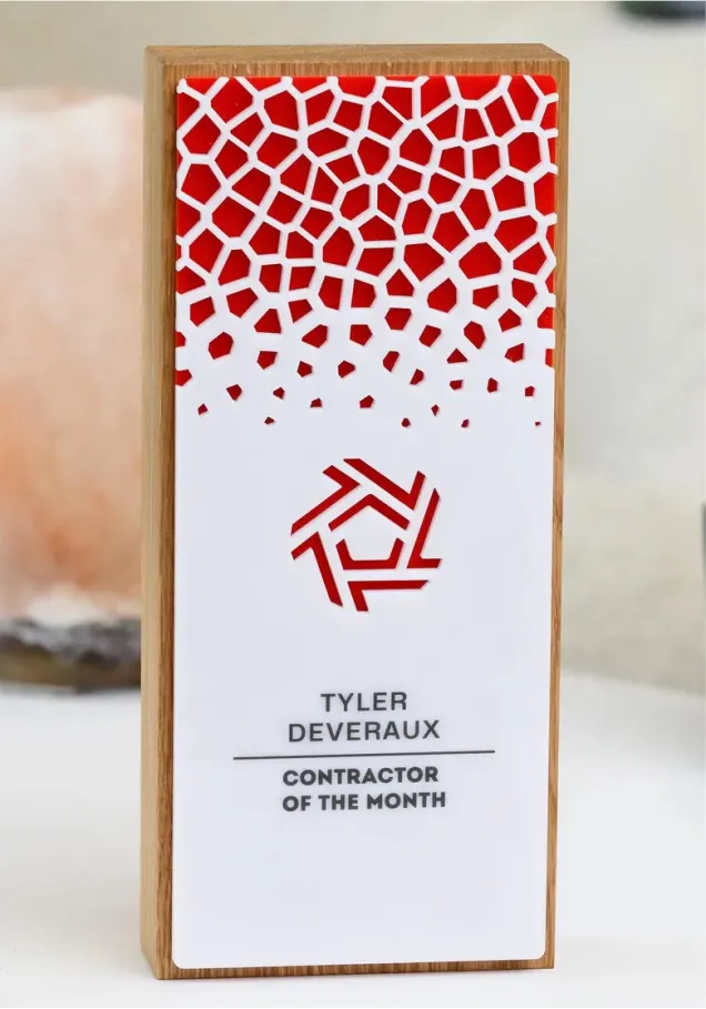 Trophäe aus Holz und durchbrochenem Acryl