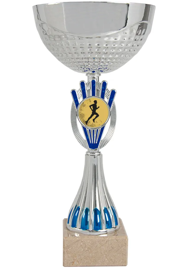 Trophäenbecher abstrakt silber-blaue Scheiben